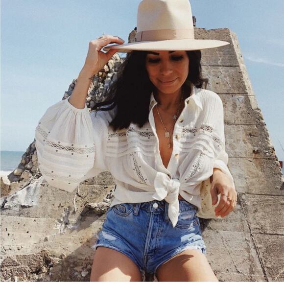 Free People Summer Stars Beige Top Small bottom bohemian balloon sleeve crochet - Picture 9 of 10